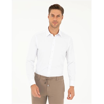 Beyaz Slim Fit Armürlü Uzun Kollu Gömlek