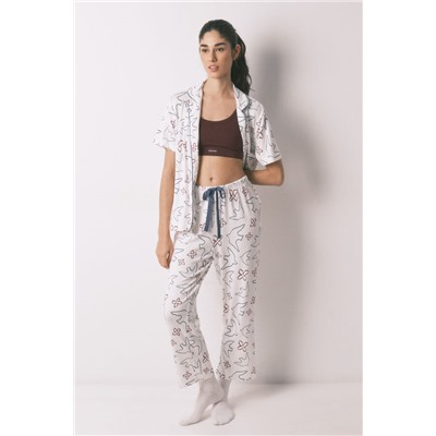 Pijama camisero algodón blanco estampado pájaros