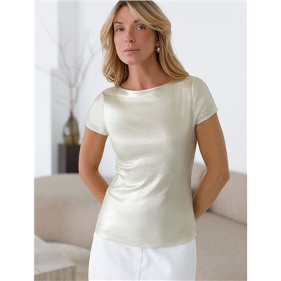 Футболка облегающая из хлопка в рубчик с вырезом лодочка с матовым покрытием металлик