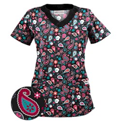 UA Party Paisley Black Print Scrub Top