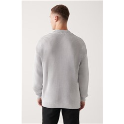 Gri Yarım Balıkçı Yaka Cep Detaylı Pamuklu Salaş Triko Kazak