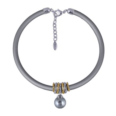 Колье Гевея (Майорка 16мм серо-голубая; каучук серый; покрытие родий) 40-45см, Есть комплект