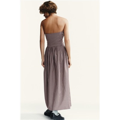 GINGHAM CHECK STRAPLESS MIDI DRESS