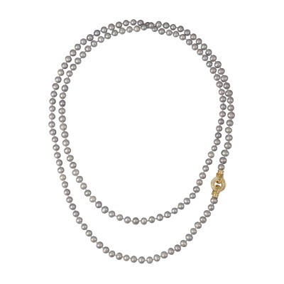 Колье (жемчуг серо-голубой 7-8мм, фианит; покрытие золото) 120см, Есть комплект