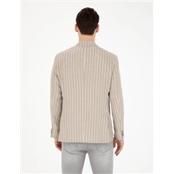Açık Kahverengi Slim Fit Keten Çizgili Ceket