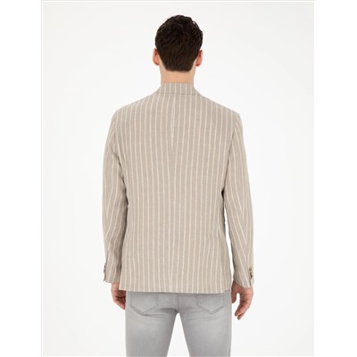 Açık Kahverengi Slim Fit Keten Çizgili Ceket