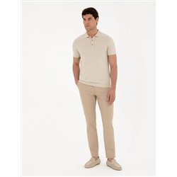 Bej Slim Fit Düğmeli Polo Yaka Keten Karışımlı Triko Tişört
