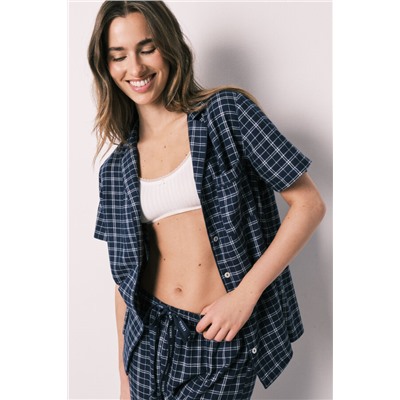 Pijama camisero algodón azul estampado cuadros