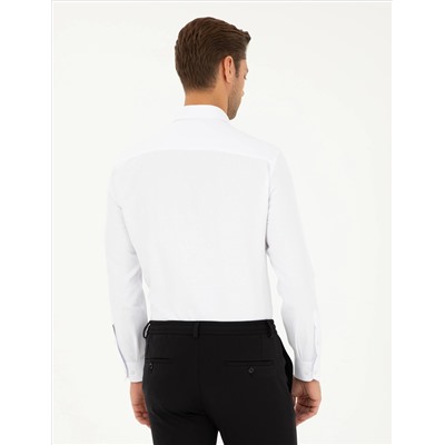 Beyaz Slim Fit Armürlü Uzun Kollu Gömlek