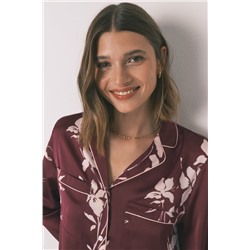 Pijama camisero largo floral granate