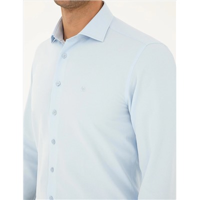 Açık Mavi Slim Fit Armürlü Uzun Kollu Gömlek