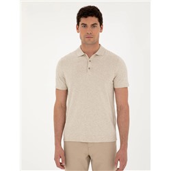 Bej Slim Fit Düğmeli Polo Yaka Keten Karışımlı Triko Tişört