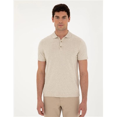 Bej Slim Fit Düğmeli Polo Yaka Keten Karışımlı Triko Tişört