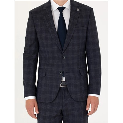 Lacivert Ekose Ekstra Slim Fit Yün Karışımlı Takım Elbise
