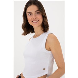 Kadın Beyaz Kolsuz Bisiklet Yaka Crop Basic Tişört