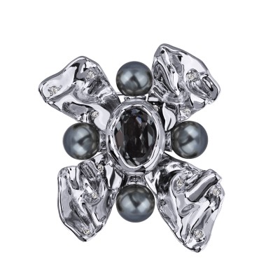 Брошь Грациоза (кристаллы SW темно-серые, Майорка; покрытие родий), Есть комплект