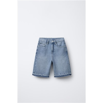 EMBROIDERED FRAYED DENIM BERMUDA SHORTS