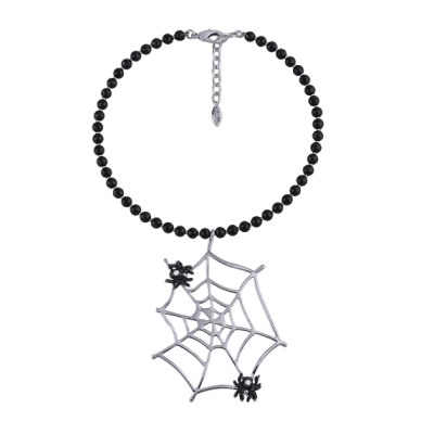 Колье Паук (эмаль черная, белая, агат черный 6мм; покрытие родий) 38-45см, Есть комплект