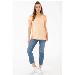 Kadın Turuncu Bisiklet Yaka Tişört