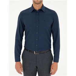 Lacivert Slim Fit Armürlü Uzun Kollu Gömlek