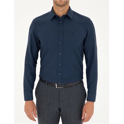 Lacivert Slim Fit Armürlü Uzun Kollu Gömlek
