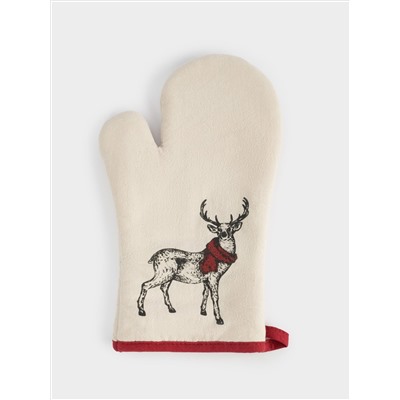 Прихватка-варежка, 18x30 см, хлопок, серо-бежевая, Олень в шарфе, Deer
