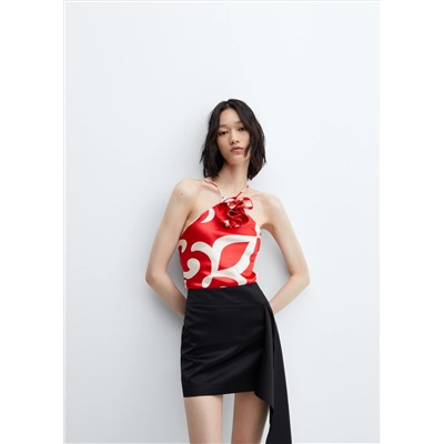 Top satinado estampado flor decorativa