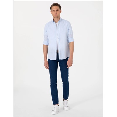 Açık Mavi Keten Görünümlü Slim Fit Uzun Kollu Gömlek