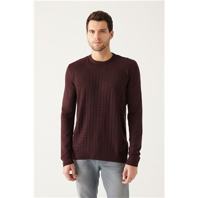Bordo Bisiklet Yaka Önü Dokulu Regular Fit Triko Kazak