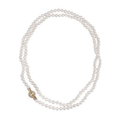 Колье (жемчуг белый 7-8мм, фианит; покрытие золото) 120см, Есть комплект