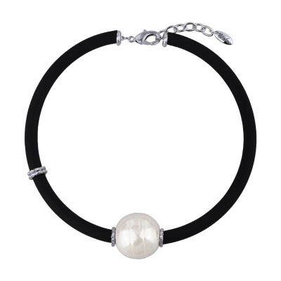 Колье Гевея (Майорка белая 30мм, каучук черный; покрытие родий) 45-50см, Есть комплект