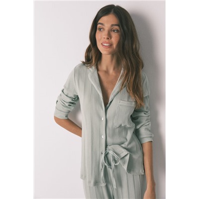 Pijama camisero largo algodón canalé verde