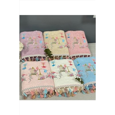 AYHANHOME Kuş Kafes Nakışlı Pamuklu Püsküllü 6'lı 30x50 Mutfak Havlu Seti KUŞ*KAFES*2