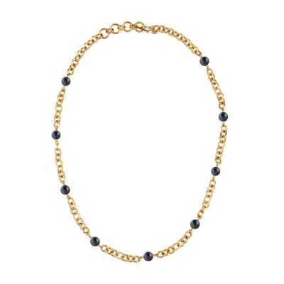 Колье Симбиоз (Майорка темно-серая 12мм; покрытие золото) 77-90см, Есть комплект