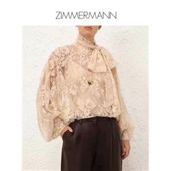 рубашка с длинными рукавами и сетчатым кружевом в цветочном стиле от Zimmermann, бежевый, черный, S-XL, [размер M; обхват груди 96, длина 52, ширина плеч 50, обхват груди 124, длина рукавов; 64, длина одежды 74]