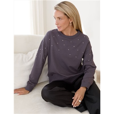 Свитшот из эластичного футера с принтом стразами