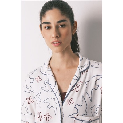 Pijama camisero algodón blanco estampado pájaros