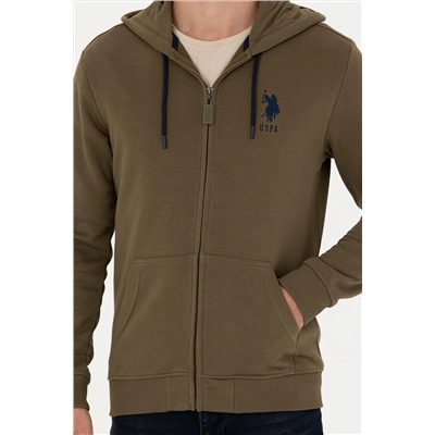 Erkek Haki Kapüşonlu Örme Hırka