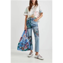 Pantalón vaquero straight cropped Mickey Mouse