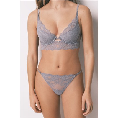 Tanga tira encaje gris brillos