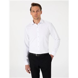 Beyaz Slim Fit Uzun Kollu Armürlü Gömlek