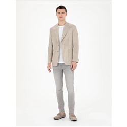 Açık Kahverengi Slim Fit Keten Çizgili Ceket
