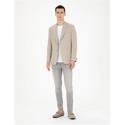 Açık Kahverengi Slim Fit Keten Çizgili Ceket