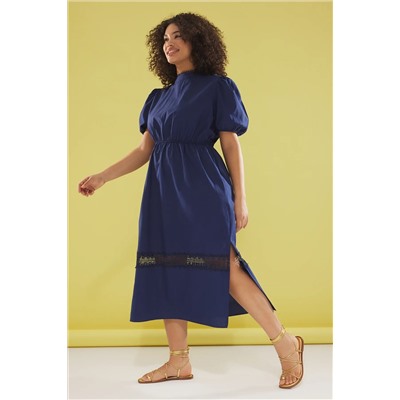 Trendyol Curve Lacivert %100 Pamuk Sırt Dekolteli Gipeli Poplin Dokuma Büyük Beden Elbise TBBSS25AH00028