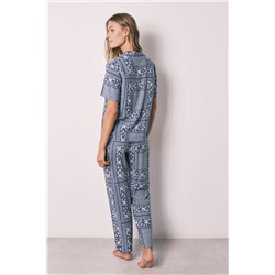 Pijama camisero largo manga corta estampado bandana azul