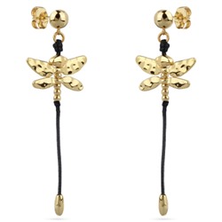 Серьги Стрекоза (текстиль черный; покрытие золото), Есть комплект