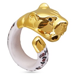 Кольцо Леопард (эмаль матовая белая, кристаллы SW черные; покрытие золото), Есть комплект