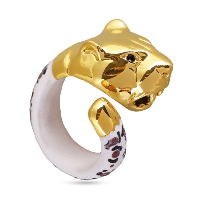 Кольцо Леопард (эмаль матовая белая, кристаллы SW черные; покрытие золото), Есть комплект