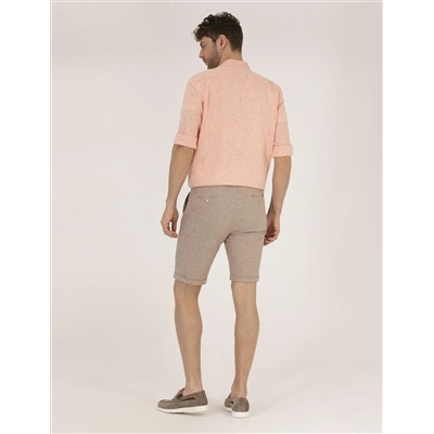 Açık Kahverengi Slim Fit Keten Karışımlı Çizgili Bağcıklı Bermuda Şort