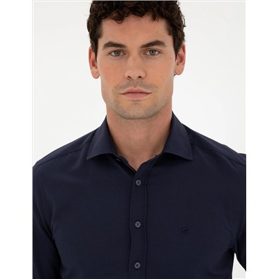 Lacivert Slim Fit Armürlü Uzun Kollu Gömlek